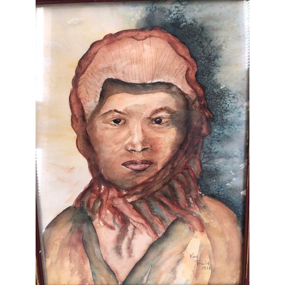 Kay Towle 1978 Signed Artist Watercolor Lady's Face Painting Crimson woman